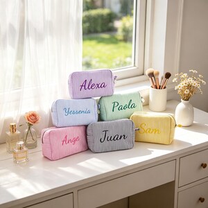 Custom Embroidered Striped Cosmetic Bag, Personalized Travel Makeup Pouch, Bridesmaid Proposal Gift,Candy Color Toiletry Organizer for Women image 3