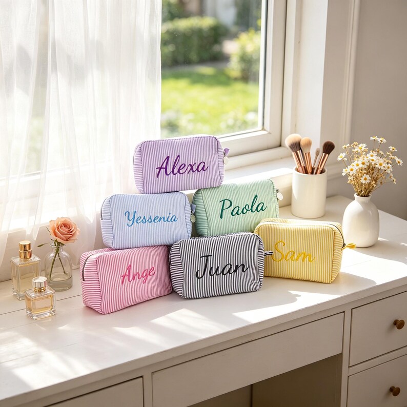 Custom Embroidered Striped Cosmetic Bag, Personalized Travel Makeup Pouch, Bridesmaid Proposal Gift,Candy Color Toiletry Organizer for Women image 3