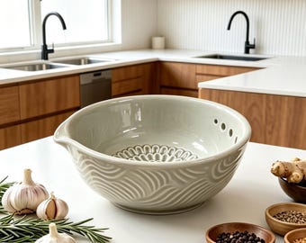 Handmade Ceramic 3-in-1 Grater Bowl ，Wave Ceramic Multi-Purpose Prep Bowl, Herb Stripper & Dipping Dish with Spout