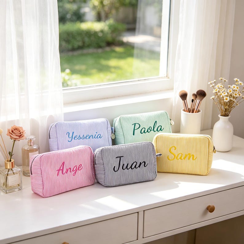 Custom Embroidered Striped Cosmetic Bag, Personalized Travel Makeup Pouch, Bridesmaid Proposal Gift,Candy Color Toiletry Organizer for Women image 10