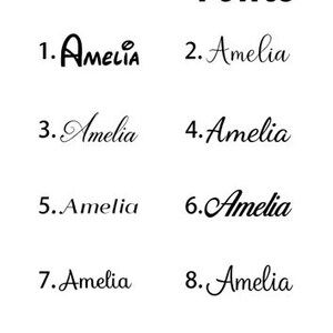 May include: A black and white chart titled Fonts displaying ten different typographic styles. Each style is numbered one through ten and features the name Amelia written in a unique typeface, ranging from bold and playful to elegant cursive scripts.