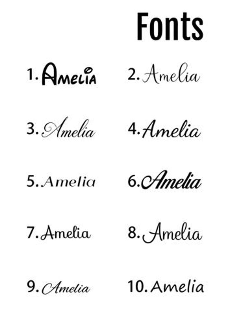 May include: A black and white chart titled Fonts displaying ten different typographic styles. Each style is numbered one through ten and features the name Amelia written in a unique typeface, ranging from bold and playful to elegant cursive scripts.