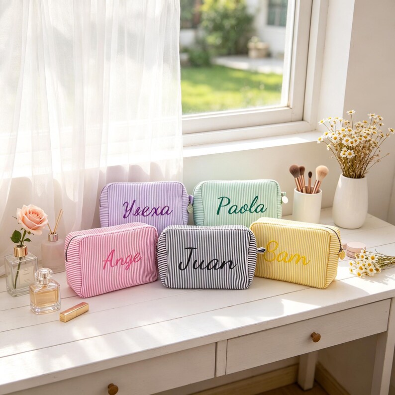 May include: Five rectangular zipped pouches with vertical pinstripes in purple, light green, pink, grey, and yellow. Each pouch features a name embroidered in cursive script: Ysexa, Paola, Ange, Juan, and Sam. The pouches are arranged on a white surface.