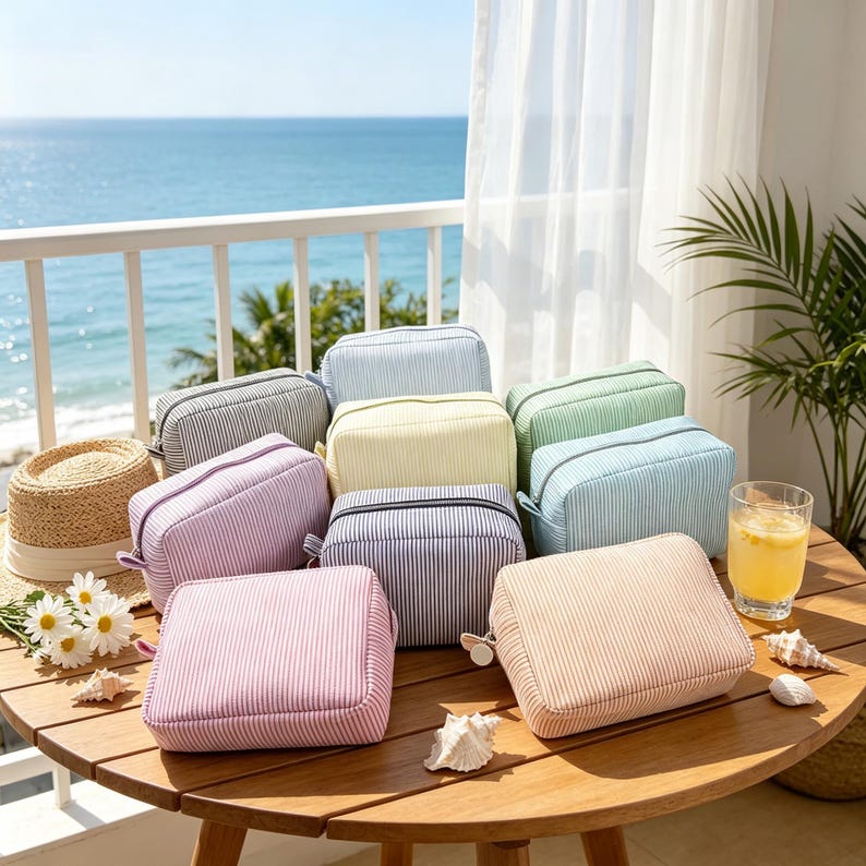 May include: A collection of rectangular zipped pouches in various pastel colours, each featuring a fine vertical stripe pattern. The pouches are arranged on a round wooden table alongside a straw hat, white daisies, and small seashells.
