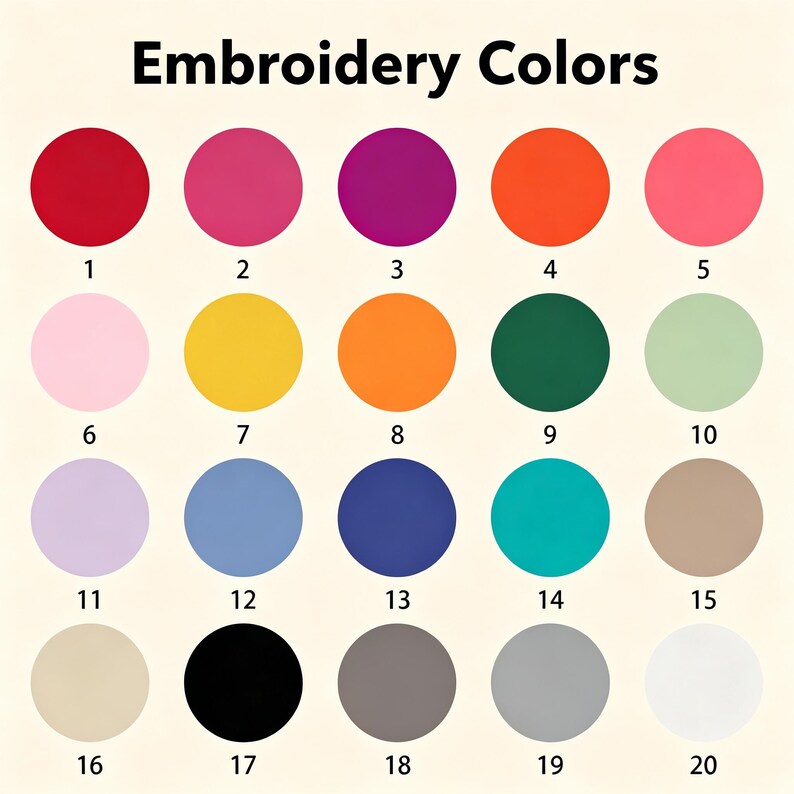 May include: A colour chart titled Embroidery Colours featuring twenty numbered circles in various shades including red, pink, purple, orange, yellow, green, blue, teal, beige, black, grey, and white, arranged in a four-by-five grid layout.