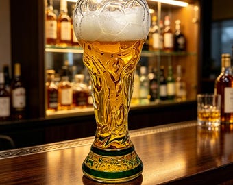 World Cup Trophy Shaped Beer Glass, Football Themed Pint Cup, Sports Bar Decor Mug, Unique Collectible Gift for Soccer Fans & Beer Lovers