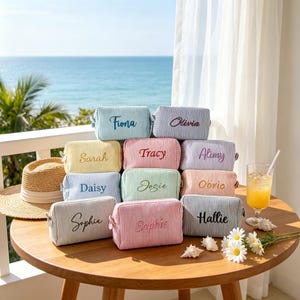 Custom Embroidered Striped Cosmetic Bag, Personalized Travel Makeup Pouch, Bridesmaid Proposal Gift,Candy Color Toiletry Organizer for Women image 1