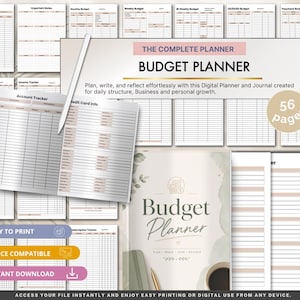Pode incluir: Um planejador de orçamento digital de 56 páginas com vários modelos de rastreamento financeiro, como contas, informações de cartão de crédito e orçamentos mensais. O design inclui tons bege, uma caneta stylus branca e o texto Budget Planner.