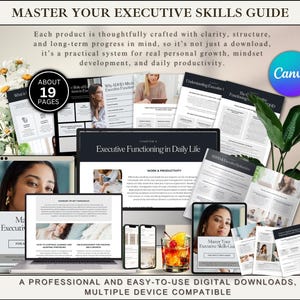 May include: A digital guide titled Master Your Executive Skills Guide, featuring 19 pages of content on executive functioning, ADHD, and productivity. The set includes multiple document layouts, a laptop, a tablet, and a smartphone displaying the guide.