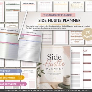 May include: A digital Side Hustle Planner with 76 pages, featuring various templates like a weekly schedule, expense tracker, monthly budget, and productivity affirmation cards. The set includes a cover page, a stylus, and a coffee mug.