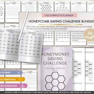 Pode incluir: Um pacote de planejador digital de desafio de economia em formato de colmeia com 24 páginas. As páginas apresentam grades hexagonais com valores em dólares para rastrear economias. O texto inclui THE COMPLETE PLANNER, HONEYCOMB SAVING CHALLENGE BUNDLES e HONEYMONEY SAVING CHALLENGE. Every Dollar Builds Your Future.