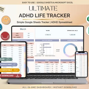 Pode incluir: Uma planilha digital de rastreamento de vida TDAH exibida em um laptop, tablet e smartphone. A interface apresenta tabelas de receitas, despesas e fluxo de caixa, com gráficos e rótulos de texto, incluindo Ultimate ADHD Life Tracker e March.