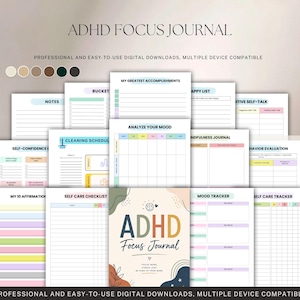Pode incluir: Um conjunto de diário digital ADHD Focus Journal com uma capa de formas abstratas e vários modelos de planeamento internos, incluindo um horário de limpeza, rastreador de humor, lista de verificação de autocuidado e registos.