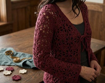 May include: A deep burgundy crochet cardigan featuring an intricate floral motif pattern throughout the garment. The long-sleeved piece has a V-neckline and a front tie closure. The design consists of interconnected flower shapes in a dark red yarn.