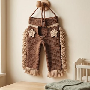 May include: A brown crocheted garment featuring a waist tie, two cream-colored star appliqués on the front, and long cream-colored fringe detailing along the outer legs and bottom hems. The piece is suspended from a wooden wall hook.