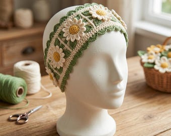 May include: A crochet headband featuring a repeating pattern of white daisy flowers with yellow centers, set against a background of green leaves and cream-colored yarn. The headband has a scalloped green edge and is displayed on a white mannequin head.