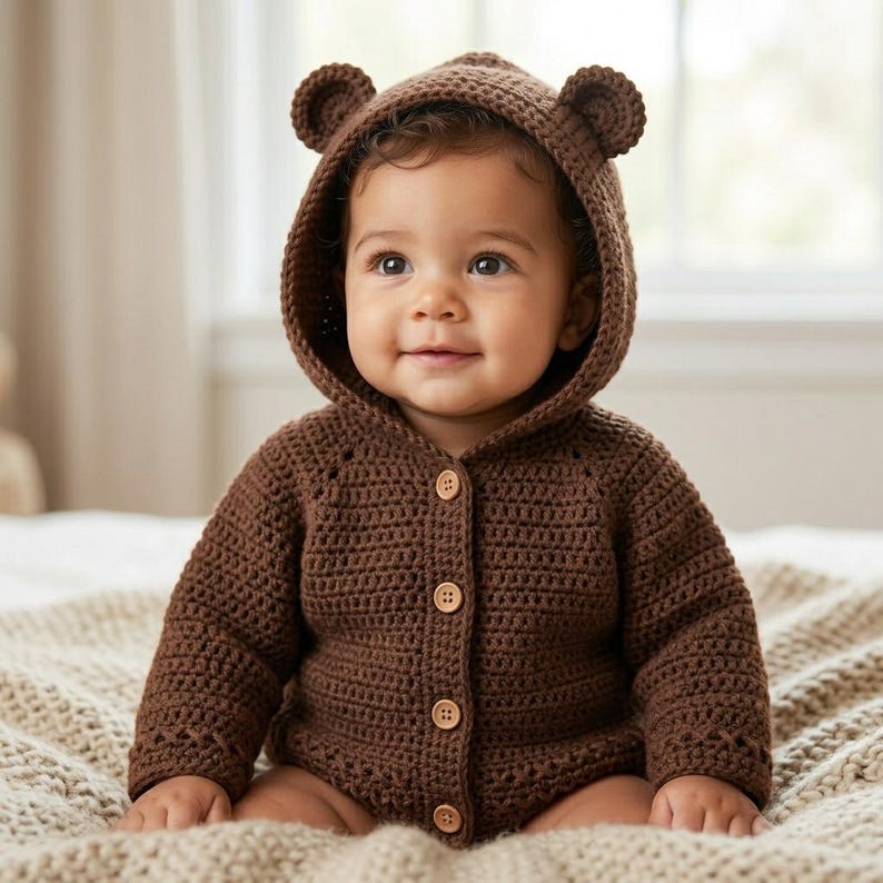 May include: A dark brown crocheted long-sleeve cardigan featuring a hood with two small rounded bear ears on top. The garment is fastened down the center front with four light-colored wooden buttons and has a textured stitch pattern throughout.