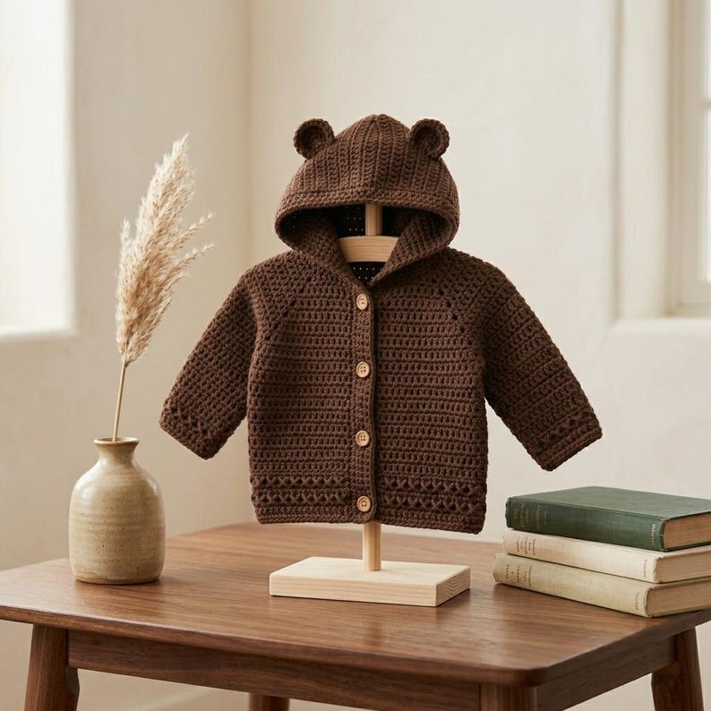 May include: A dark brown crocheted long-sleeve cardigan featuring a hood with two small rounded bear ears on top. The garment has a front button closure with four light-coloured wooden buttons and a decorative open-stitch pattern along the hem.