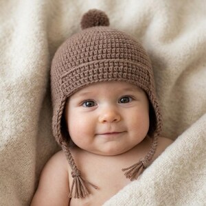 May include: A brown crocheted hat featuring a textured grid pattern, a small pom-pom on the crown, and two braided earflaps that extend downward, each finished with a tassel at the end. The hat is crafted from yarn in a solid, earthy brown tone.