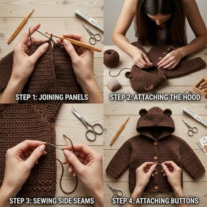 May include: A four-part instructional guide for crocheting a brown bear-eared cardigan. Steps include joining panels, attaching a hood, sewing side seams, and attaching buttons. Tools shown include a wooden crochet hook, scissors, and a measuring tape.