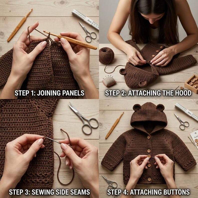May include: A four-part instructional guide for crocheting a brown bear-eared cardigan. Steps include joining panels, attaching a hood, sewing side seams, and attaching buttons. Tools shown include a wooden crochet hook, scissors, and a measuring tape.