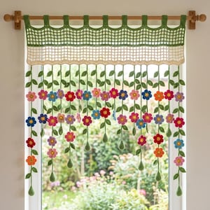 May include: A crochet window valance featuring a green and cream lattice top section with hanging green vines. The vines are decorated with multi-colored flowers in shades of red, pink, blue, orange, and purple, each ending in a small green teardrop.