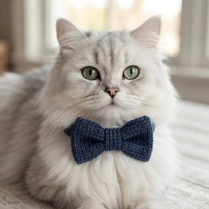 May include: A long-haired silver cat with green eyes wearing a dark blue crocheted bow tie. The bow tie features a textured, hand-stitched appearance with a central knot detail, secured around the neck of the cat with a matching blue band.