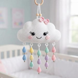 Crochet Cloud Baby Mobile Pattern PDF, Amigurumi Nursery Mobile, Hanging Cloud Crochet, Amigurumi Cloud and Raindrops, DIY nursery decor PDF