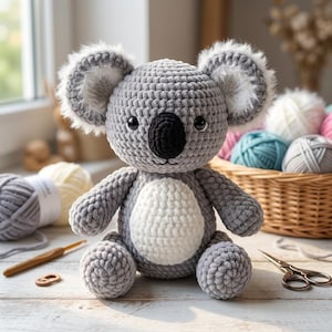 May include: A handmade crochet koala plush toy made from soft grey yarn with a white belly patch, large fuzzy ears with white accents, and a prominent black nose. The stuffed animal features dark safety eyes and a stitched mouth on a round head.