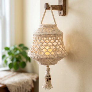 May include: A cream-colored crocheted lantern with an open-weave pattern, suspended from a wooden wall hook. The lantern features a central light source, a top handle, and a decorative tassel at the bottom adorned with small brown wooden beads.