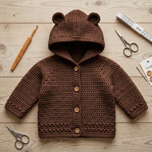 May include: A dark brown crocheted hooded cardigan featuring two small bear-like ears on the hood, long sleeves, and four light-colored wooden buttons down the front. The garment displays a textured stitch pattern with a cross-stitch detail at the hem.