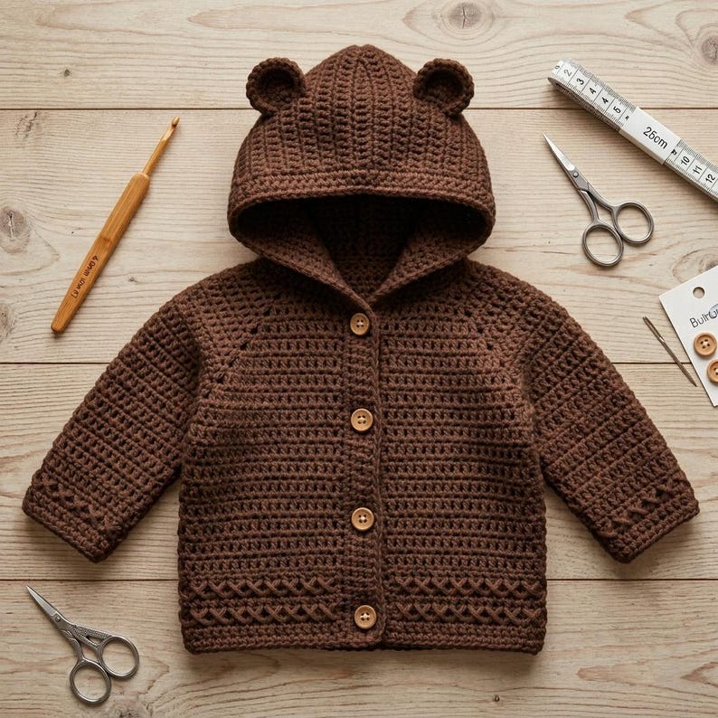 May include: A dark brown crocheted hooded cardigan featuring two small bear-like ears on the hood, long sleeves, and four light-colored wooden buttons down the front. The garment displays a textured stitch pattern with a cross-stitch detail at the hem.