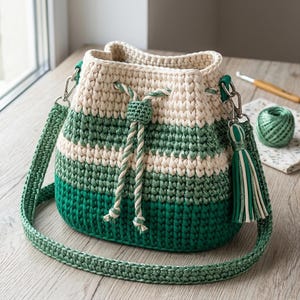 Peut inclure: Un sac seau en crochet avec des rayures horizontales crème, vert sauge et vert émeraude foncé. Le sac possède un cordon de serrage assorti, une longue bandoulière et un pompon décoratif fixé à un fermoir en métal argenté.