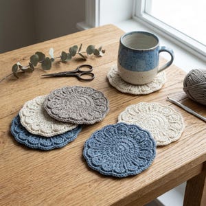 May include: A set of round, crocheted coasters in shades of blue, cream, and beige, featuring a scalloped edge design. One coaster supports a two-toned blue and cream ceramic mug. Nearby are a pair of metal scissors, a ball of yarn, and a crochet hook.