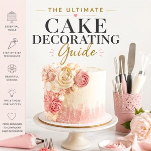 Könnte beinhalten: Ein Buch mit dem Titel The Ultimate Cake Decorating Guide zeigt eine Torte mit rosa und weißen Cremeblüten auf einem weißen Ständer. Daneben steht ein rosa Behälter mit Metallspateln und Spritzbeuteln sowie eine Schale mit rosa Creme.