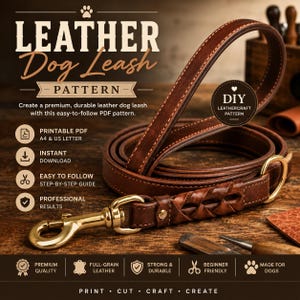 Può includere: Un guinzaglio per cani in pelle marrone con una sezione dell'impugnatura intrecciata e un moschettone girevole in metallo dorato. L'immagine include il testo: LEATHER Dog Leash PATTERN, DIY LEATHERCRAFT PATTERN, PRINTABLE PDF A4 & US LETTER.