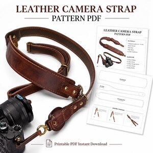 May include: A brown leather camera strap with brass hardware attached to a black camera, accompanied by a printed PDF pattern document titled LEATHER CAMERA STRAP PATTERN PDF, which includes material lists, hardware requirements, and assembly diagrams.