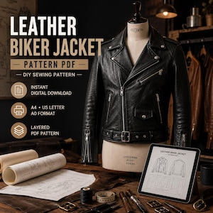 Puede incluir: Una chaqueta de cuero negra de estilo motero sobre un maniquí con cremalleras plateadas, cinturón y solapas. El texto dice: LEATHER BIKER JACKET, PATTERN PDF, DIY SEWING PATTERN, INSTANT DIGITAL DOWNLOAD, A4, A0 FORMAT, LAYERED PDF PATTERN.