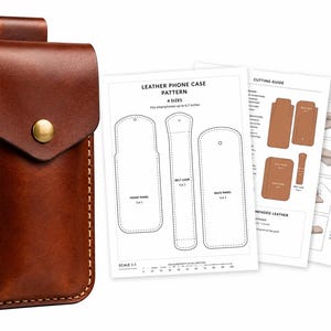 Puede incluir: Una funda de cuero marrón para teléfono con cierre de broche de latón y trabilla para cinturón, acompañada de plantillas de papel impresas tituladas LEATHER PHONE CASE PATTERN, que incluyen una guía de corte e instrucciones de montaje.