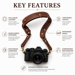 May include: A brown leather camera strap attached to a black camera, featuring solid brass hardware, hand saddle stitching, burnished edges, an adjustable length, and a padded shoulder pad, with text labels detailing these key features.