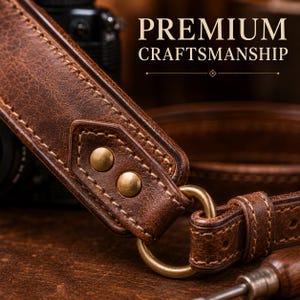 May include: A brown leather camera strap featuring visible stitching, two brass-colored metal rivets, and a circular brass ring connector. The text PREMIUM CRAFTSMANSHIP is printed in white above the strap against a dark, textured background.