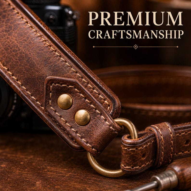 May include: A brown leather camera strap featuring visible stitching, two brass-coloured metal rivets, and a circular brass ring connector. The text PREMIUM CRAFTSMANSHIP is printed in white above the strap against a dark, textured background.
