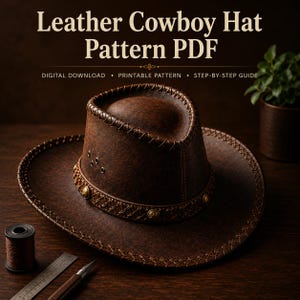 May include: A dark brown leather cowboy hat with a stitched brim, a decorative band featuring metal studs, and side eyelets. The text reads: Leather Cowboy Hat Pattern PDF, DIGITAL DOWNLOAD, PRINTABLE PATTERN, STEP-BY-STEP GUIDE.