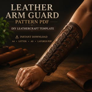 Pode incluir: Um protetor de braço de couro castanho com um design de atacadores central e ilhós metálicos. O texto LEATHER ARM GUARD PATTERN PDF, DIY LEATHERCRAFT TEMPLATE, INSTANT DOWNLOAD, A4, LETTER, A0, LAYERED PDF é visível no fundo.