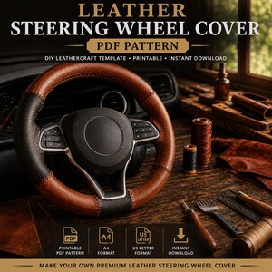 Puede incluir: Un patrón PDF para una funda de volante de cuero con el texto LEATHER STEERING WHEEL COVER PDF PATTERN DIY LEATHERCRAFT TEMPLATE PRINTABLE INSTANT DOWNLOAD. La imagen muestra una funda de volante de cuero en color marrón y negro.