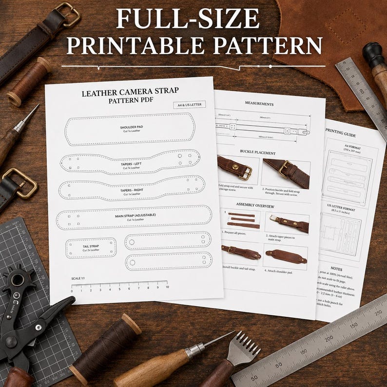 May include: A full-size printable PDF pattern for a leather camera strap on white paper. The document includes outlines for a shoulder pad, tapers, and main straps, along with assembly instructions, buckle placement diagrams, and a 25 cm ruler.