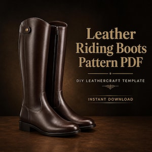 May include: A pair of dark brown leather riding boots with a side zip and a small brass-coloured snap button detail at the top. The text on the right reads Leather Riding Boots Pattern PDF, DIY LEATHERCRAFT TEMPLATE, and INSTANT DOWNLOAD.