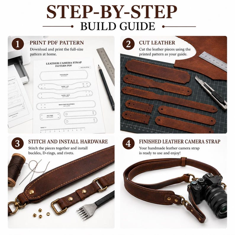 May include: A four-step build guide for a leather camera strap. Step 1 shows a printed PDF pattern. Step 2 shows cut brown leather pieces on a cutting mat. Step 3 shows stitching tools and hardware. Step 4 shows the finished strap attached to a camera.