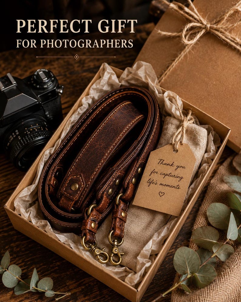 May include: A dark brown leather camera strap with brass hardware coiled inside a cardboard gift box. The box contains a beige fabric pouch with a brown paper tag that reads Thank you for capturing life's moments with a heart symbol.