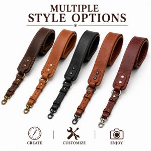 May include: Five leather bag straps in dark brown, tan, black, medium brown, and reddish-brown, each featuring metal rivets, adjustable buckles, and swivel lobster clasps. The text MULTIPLE STYLE OPTIONS appears at the top, with CREATE, CUSTOMIZE, and ENJOY icons below.